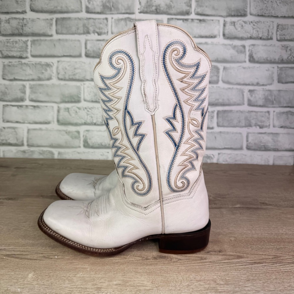 Dan Post White Leather Embroidered Western Boots Square Toe Womens 8.5 - Picture 1 of 9